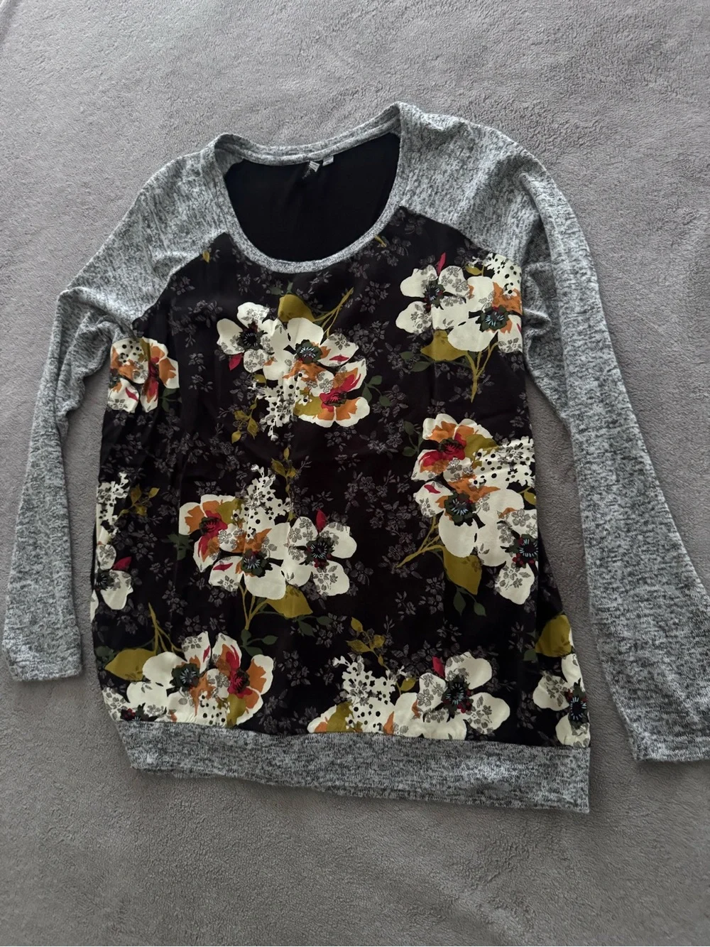Floral Contrast Raglan Sweater - Black & Gray